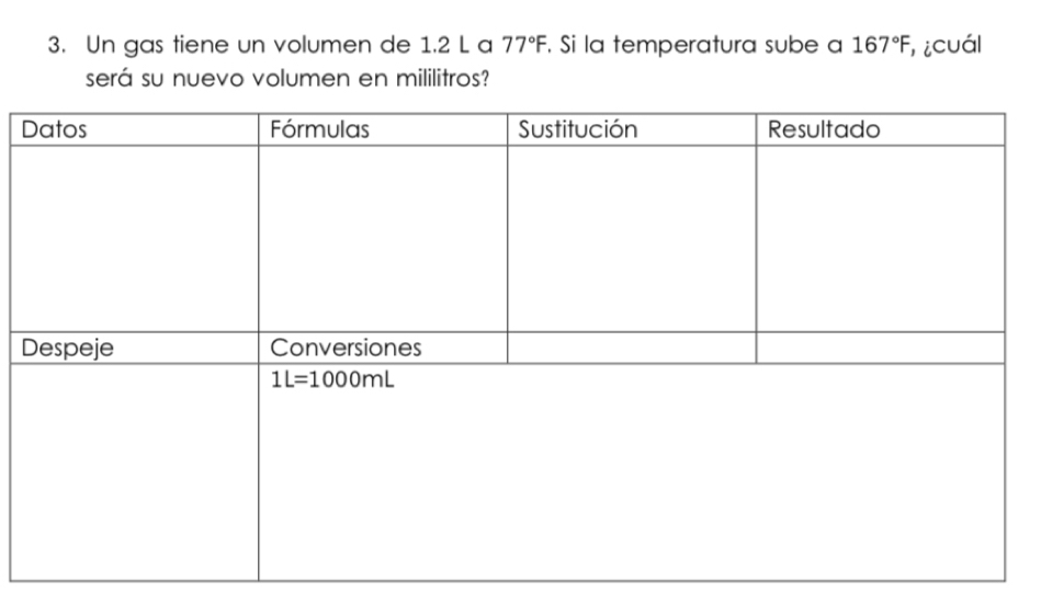 Un gas tiene un volumen de 1.2 L a 77°F. Si la temperatura sube a 167°F, ,¿cuál
será su nuevo volumen en mililitros?
D