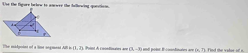 Use the figure below to answer the following questions. 
The midpoint of a line segment AB is (1,2). Point A coordinates are (3,-3) and point B coordinates are (x,7). Find the value of x.