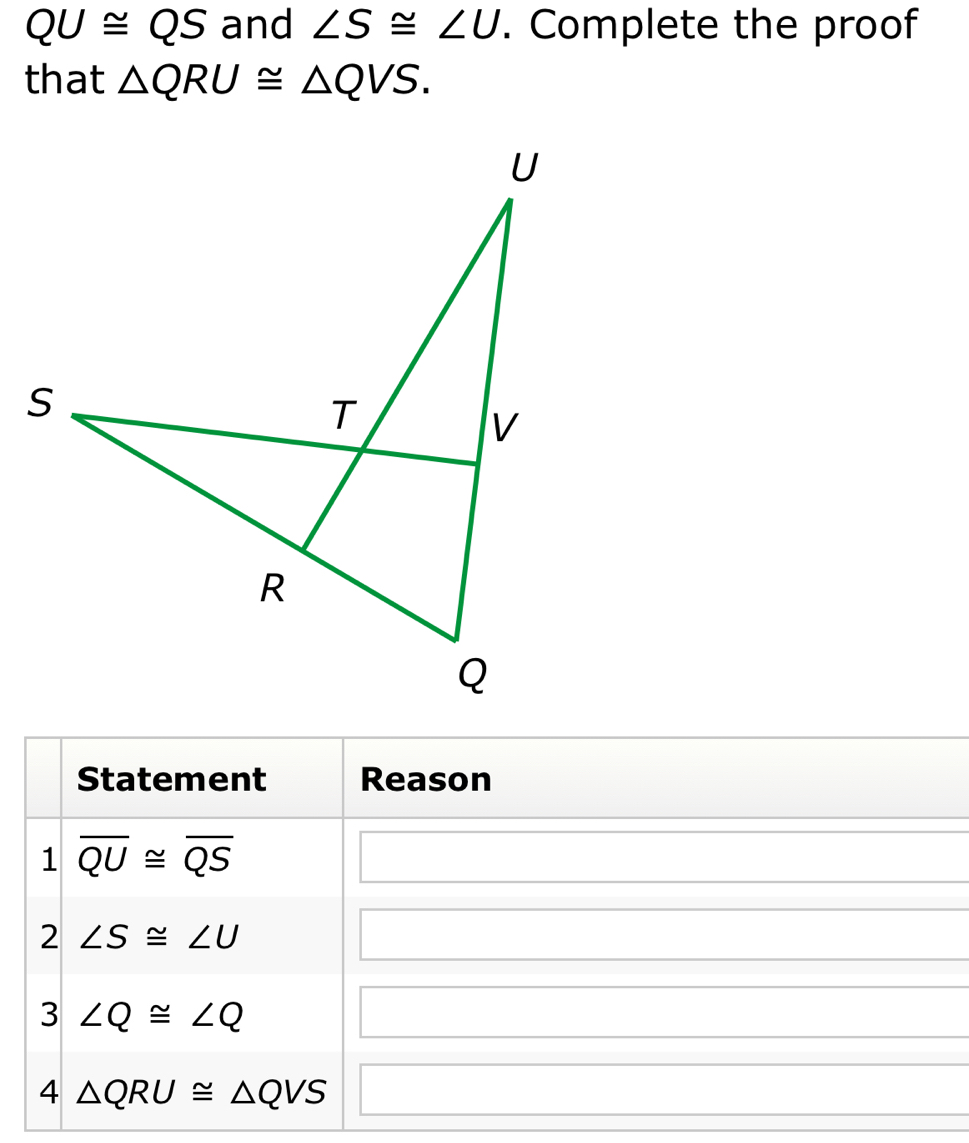 QU≌ QS and ∠ S≌ ∠ U. Complete the proof 
that △ QRU≌ △ QVS. 
Statement Reason 
1 overline QU≌ overline QS
2 ∠ S≌ ∠ U
3 ∠ Q≌ ∠ Q
4 △ QRU≌ △ QVS