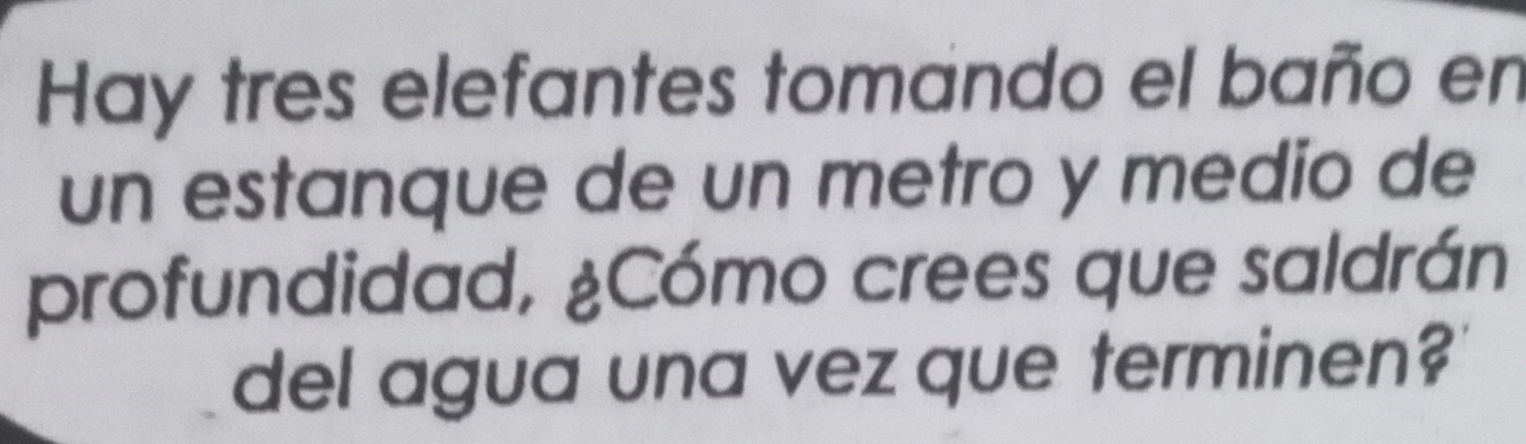 Hay tres elefantes tomando el baño en 
un estanque de un metro y medio de 
profundidad, ¿Cómo crees que saldrán 
del agua una vez que terminen?