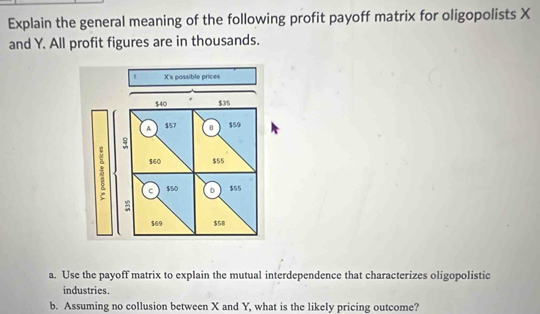 Explain the general meaning of the following profit payoff matrix for oligopolists X
and Y. All profit figures are in thousands. 
a. Use the payoff matrix to explain the mutual interdependence that characterizes oligopolistic 
industries. 
b. Assuming no collusion between X and Y, what is the likely pricing outcome?