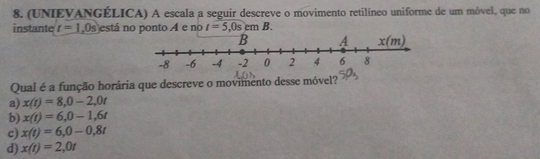 (UNIEVANGÉLICA) A escala a seguir descreve o movimento retilíneo uniforme de um móvel, que no
instante t=1,0s está no ponto A e no t=5 ,0s em B.
Qual é a função horária que descreve o movimento desse móvel?
a) x(t)=8,0-2,0t
b) x(t)=6,0-1,6t
c) x(t)=6,0-0,8t
d) x(t)=2,0t