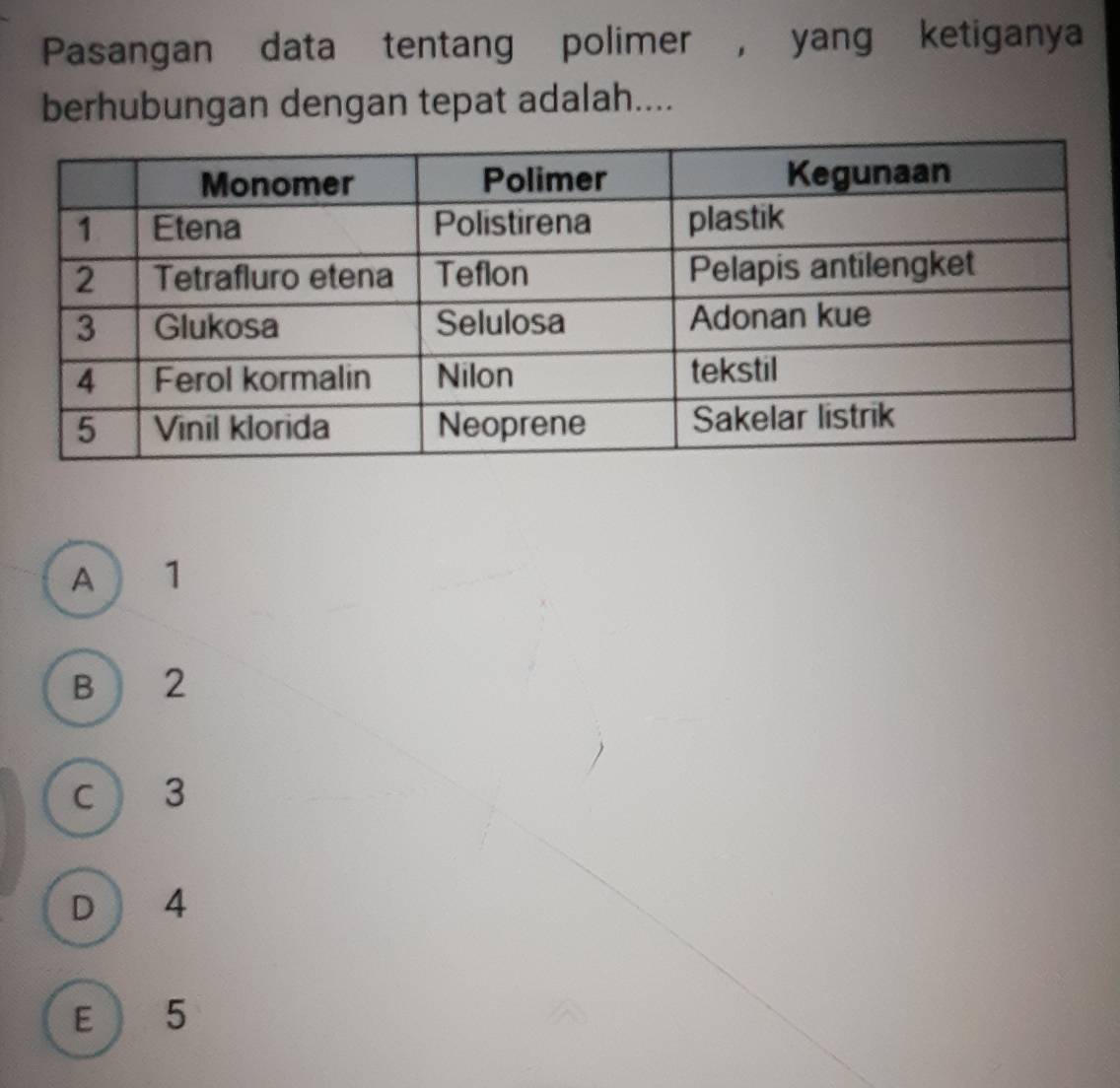 Pasangan data tentang polimer , yang ketiganya
berhubungan dengan tepat adalah....
A 1
B 2
c 3
D 4
E  5