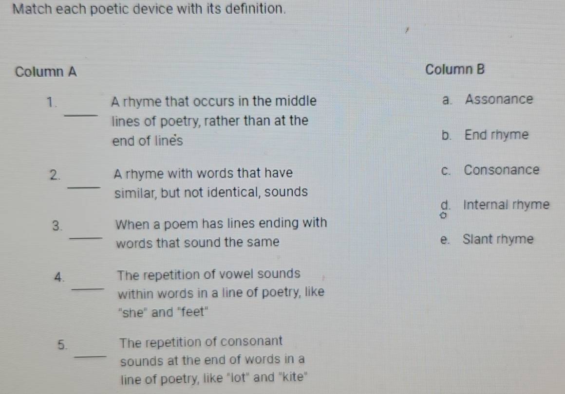 Solved: Match each poetic device with its definition. Column A Column B ...