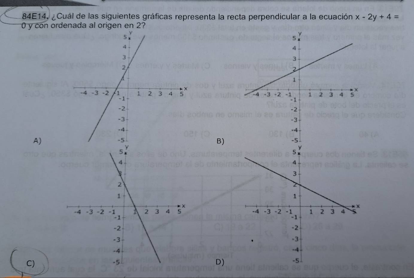 84E14, ¿Cuál de las siguientes gráficas representa la recta perpendicular a la ecuación x-2y+4=
0 y con ordenada al origen en 2?

A)
B)

C)
D)