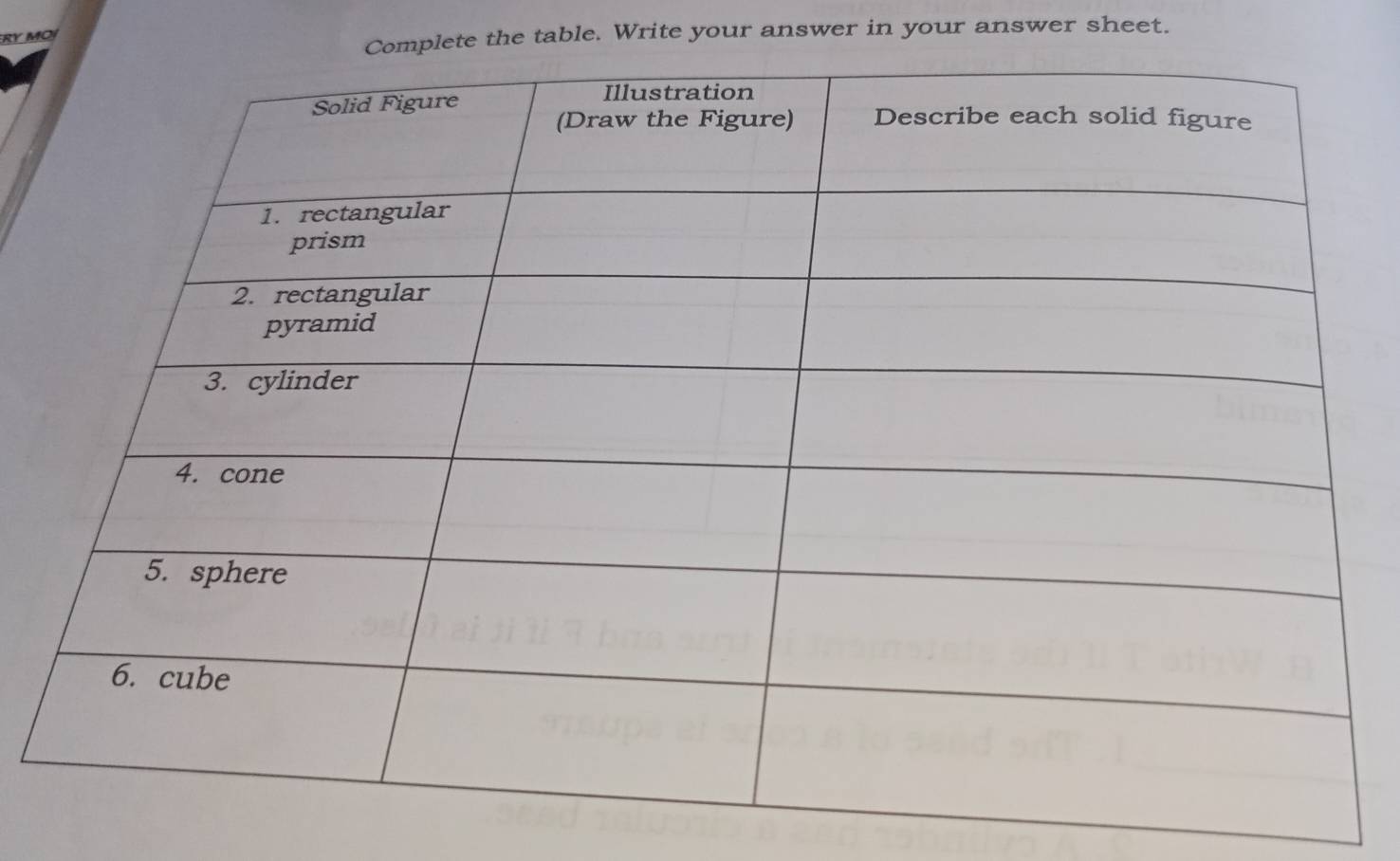 RY MOI 
lete the table. Write your answer in your answer sheet.