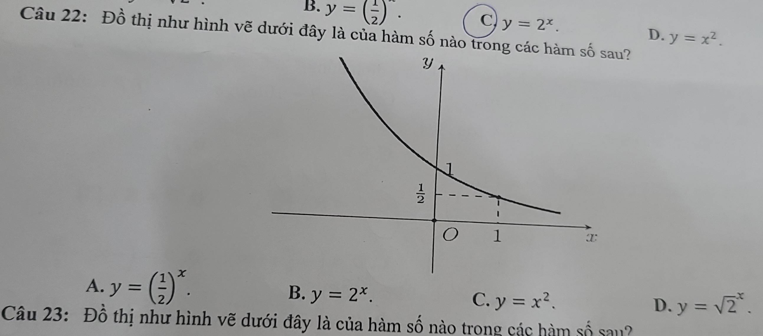 B. y=( 1/2 )^x.
C) y=2^x.
Câu 22: Đồ thị như hình vẽ dưới đây là của hàm số nào trong các hàm số sau?
D. y=x^2.
A. y=( 1/2 )^x.
B. y=2^x.
C. y=x^2.
D. y=sqrt 2^x.
Câu 23: Đồ thị như hình vẽ dưới đây là của hàm số nào trong các hàm số sau?