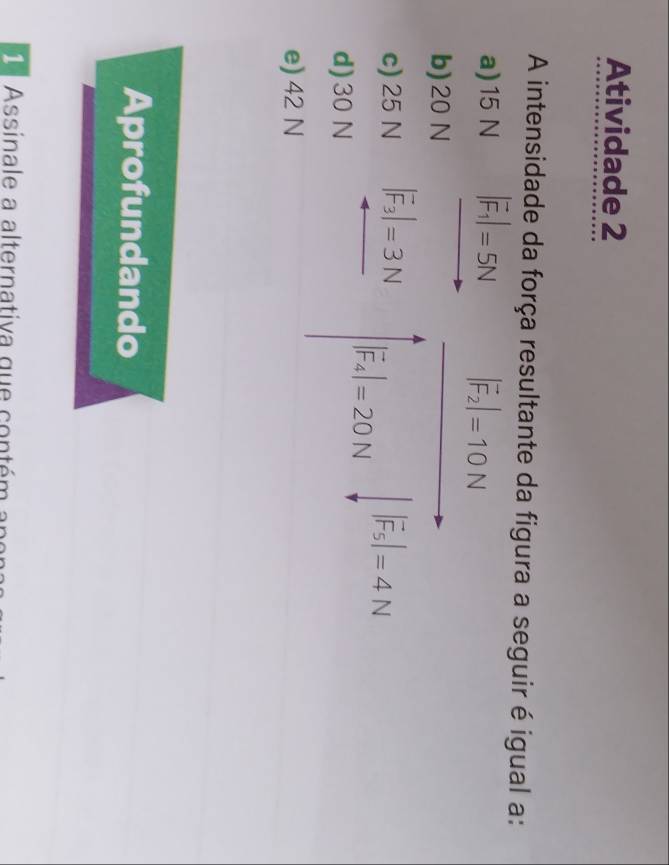 Atividade 2
A intensidade da força resultante da figura a seguir é igual a:
a) 15 N |vector F_1|=5N |vector F_2|=10N
b) 20 N
c) 25 N |vector F_3|=3N
|vector F_4|=20N |vector F_5|=4N
d) 30 N
e) 42 N
Aprofundando
A ssinale a alternativa que contém a