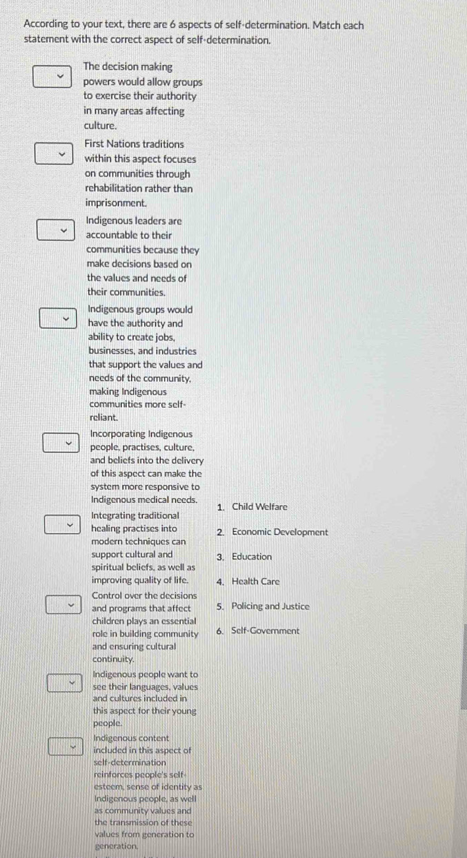 According to your text, there are 6 aspects of self-determination. Match each 
statement with the correct aspect of self-determination. 
The decision making 
powers would allow groups 
to exercise their authority 
in many areas affecting 
culture. 
First Nations traditions 
within this aspect focuses 
on communities through 
rehabilitation rather than 
imprisonment. 
Indigenous leaders are 
accountable to their 
communities because they 
make decisions based on 
the values and needs of 
their communities. 
Indigenous groups would 
have the authority and 
ability to create jobs, 
businesses, and industries 
that support the values and 
needs of the community, 
making Indigenous 
communities more self- 
reliant. 
Incorporating Indigenous 
people, practises, culture, 
and beliefs into the delivery 
of this aspect can make the 
system more responsive to 
Indigenous medical needs. 
1. Child Welfare 
Integrating traditional 
healing practises into 2. Economic Development 
modern techniques can 
support cultural and 3. Education 
spiritual beliefs, as well as 
improving quality of life. 4. Health Care 
Control over the decisions 
and programs that affect 5. Policing and Justice 
children plays an essential 
role in building community 6. Self-Government 
and ensuring cultural 
continuity. 
Indigenous people want to 
see their languages, values 
and cultures included in 
this aspect for their young 
people. 
Indigenous content 
included in this aspect of 
self-determination 
reinforces people's self 
esteem, sense of identity as 
Indigenous people, as well 
as community values and 
the transmission of these 
values from generation to 
generation.