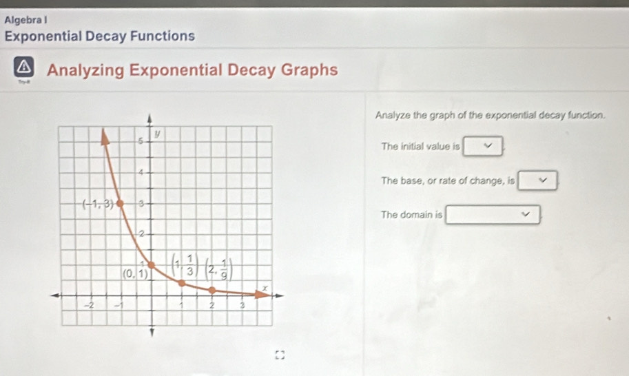 Algebra I
Exponential Decay Functions
Analyzing Exponential Decay Graphs
Analyze the graph of the exponential decay function.
The initial value is
The base, or rate of change, is vee
The domain is vee