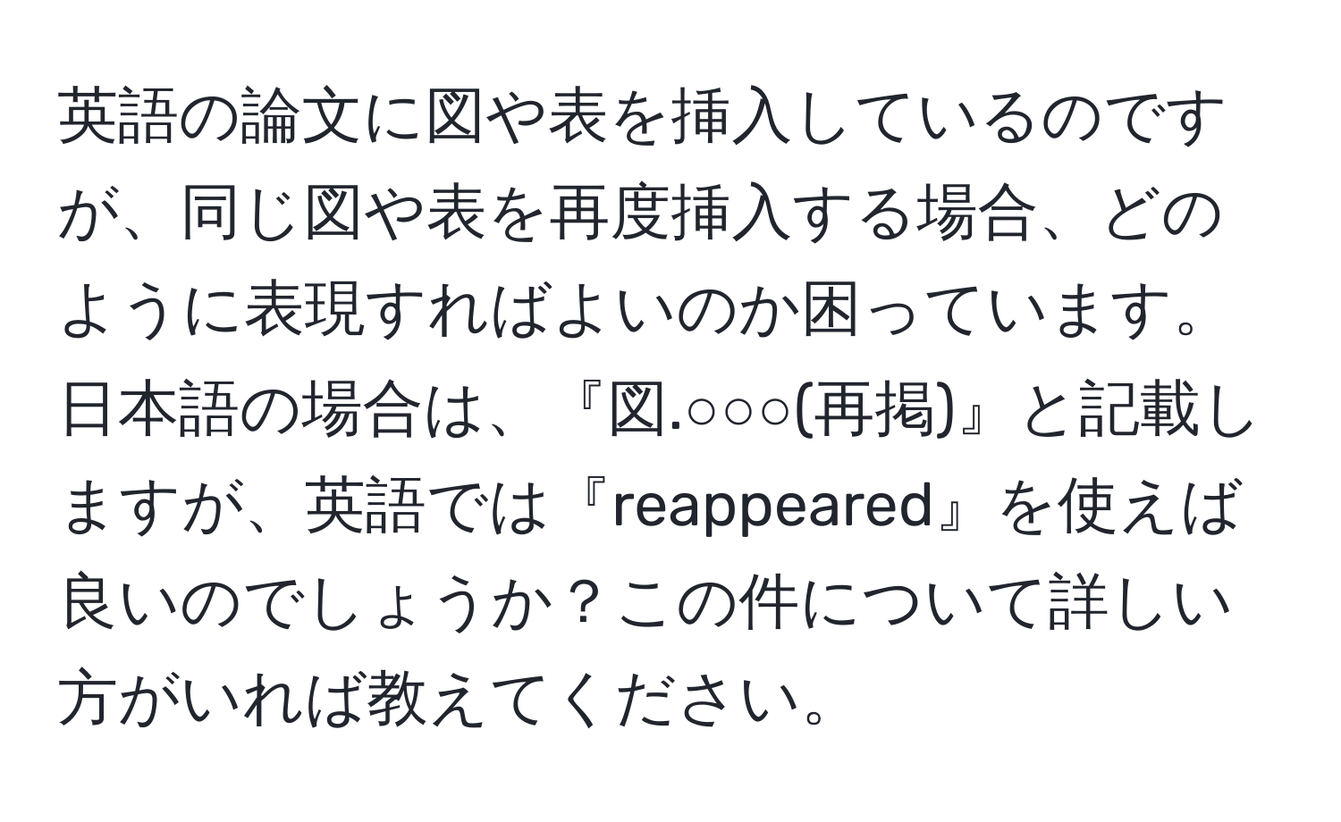 英語の論文に図や表を挿入しているのですが、同じ図や表を再度挿入する場合、どのように表現すればよいのか困っています。日本語の場合は、『図.○○○(再掲)』と記載しますが、英語では『reappeared』を使えば良いのでしょうか？この件について詳しい方がいれば教えてください。