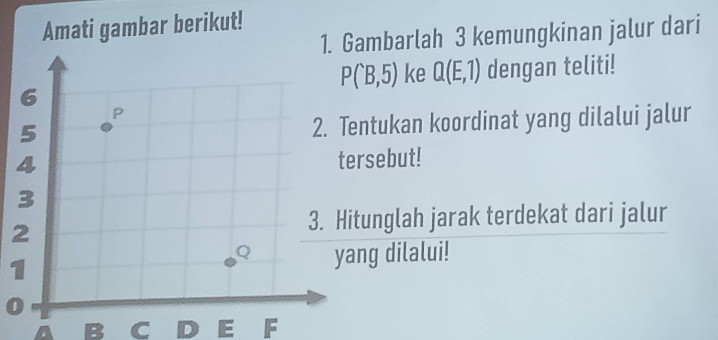 Amati gambar berikut! 
. Gambarlah 3 kemungkinan jalur dari
P(B,5) ke Q(E,1) dengan teliti! 
ntukan koordinat yang dilalui jalur 
rsebut! 
tunglah jarak terdekat dari jalur 
1 
ng dilalui!
0
C