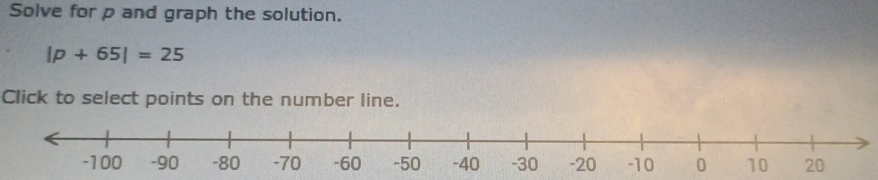 Solve for p and graph the solution.
|p+65|=25
Click to select points on the number line.