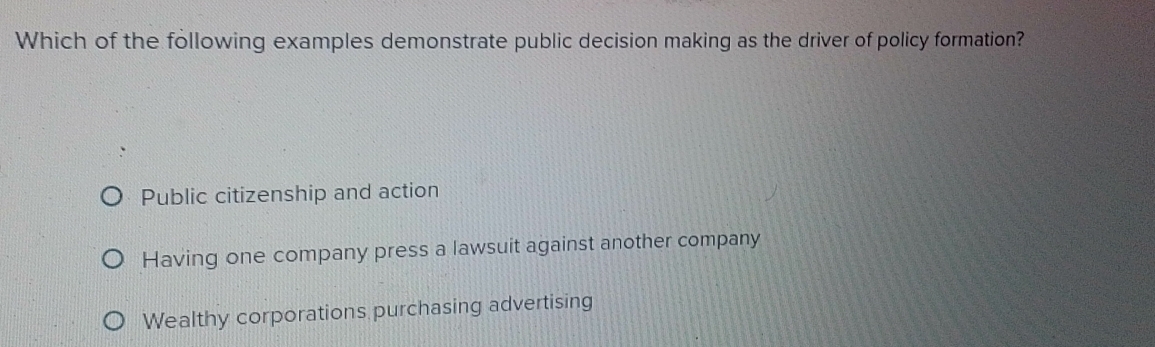 Which of the following examples demonstrate public decision making as the driver of policy formation?
Public citizenship and action
Having one company press a lawsuit against another company
Wealthy corporations purchasing advertising