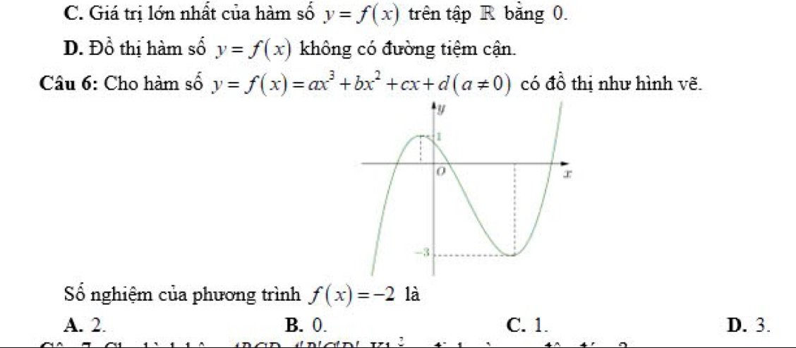 C. Giá trị lớn nhất của hàm số y=f(x) trên tập R bằng 0.
D. Đồ thị hàm số y=f(x) không có đường tiệm cận.
Câu 6: Cho hàm số y=f(x)=ax^3+bx^2+cx+d(a!= 0) có đồ thị như hình vẽ.
ố nghiệm của phương trình f(x)=-2 là
A. 2. B. 0. C. 1. D. 3.
: