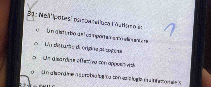 31: Nell'ipotesi psicoanalitica l'Autismo è:
Un disturbo del comportamento alimentare
Un disturbo di origine psicogena
Un disordine affettivo con oppositività
Un disordine neurobiologico con eziologia multifattoriale X
2