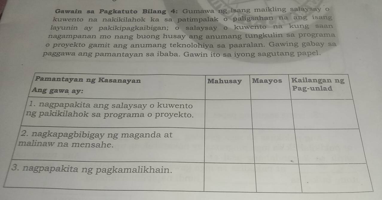 Gawain sa Pagkatuto Bilang 4: Gumawa ng isang maikling salaysay o 
kuwento na nakikilahok ka sa patimpalak o paligsahan na ang isang 
layunin ay pakikipagkaibigan; o salaysay o kuwento na kung saan 
nagampanan mo nang buong husay ang anumang tungkulin sa programa 
o proyekto gamit ang anumang teknolohiya sa paaralan. Gawing gabay sa 
paggawa ang pamantayan sa ibaba. Gawin ito sa iyong sagutang papel.