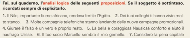 Fai, sul quaderno, l’analisi logica delle seguenti proposizioni. Se il soggetto è sottinteso, 
ricordati sempre di esplicitarlo. 
1. Il Nilo, importante fiume africano, rendeva fertile l’Egitto. 2. Dei tuoi colleghi ti hanno visto mol- 
to stanco. 3. Molte compagnie telefoniche stanno lanciando delle nuove campagne promozionali. 
4. Giurare il falso è un vero e proprio reato. 5. La bella e coraggiosa Nausicaa confortò e aiutó il 
naufrago Ulisse. 6. Il tuo socio Marcello sembra il mio gemello. 7. Considero la pena capitale