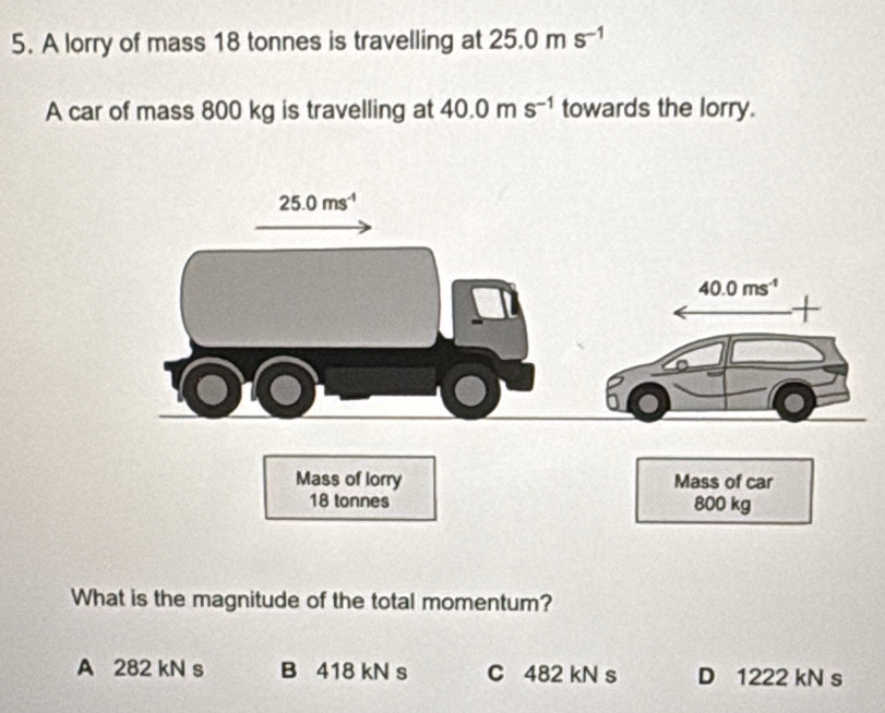 A lorry of mass 18 tonnes is travelling at 25.0ms^(-1)
A car of mass 800 kg is travelling at 40.0ms^(-1) towards the lorry.
What is the magnitude of the total momentum?
A 282 kN s B 418 kN s C 482 kN s D 1222 kN s