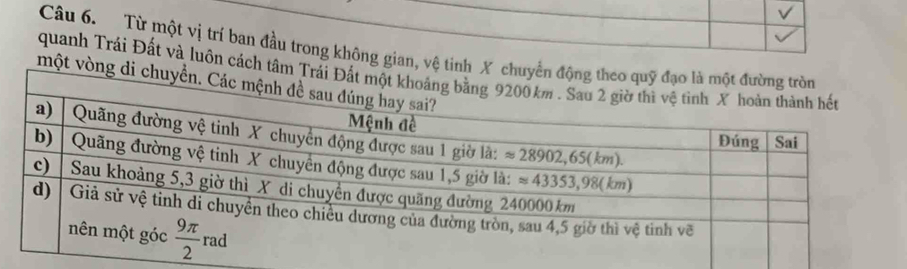 Từ một vị trí ban đầu trong không gian, vệ tinh X
quanh Trái Đất và luôn cách tâm
một vòng