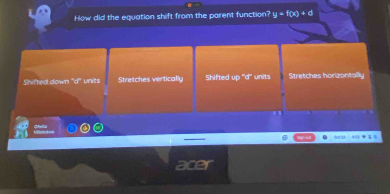 How did the equation shift from the parent function? y=f(x)+d
Shifted down "d" units Stretches vertically Shifted up ''d'' units Stretches horizontally
a