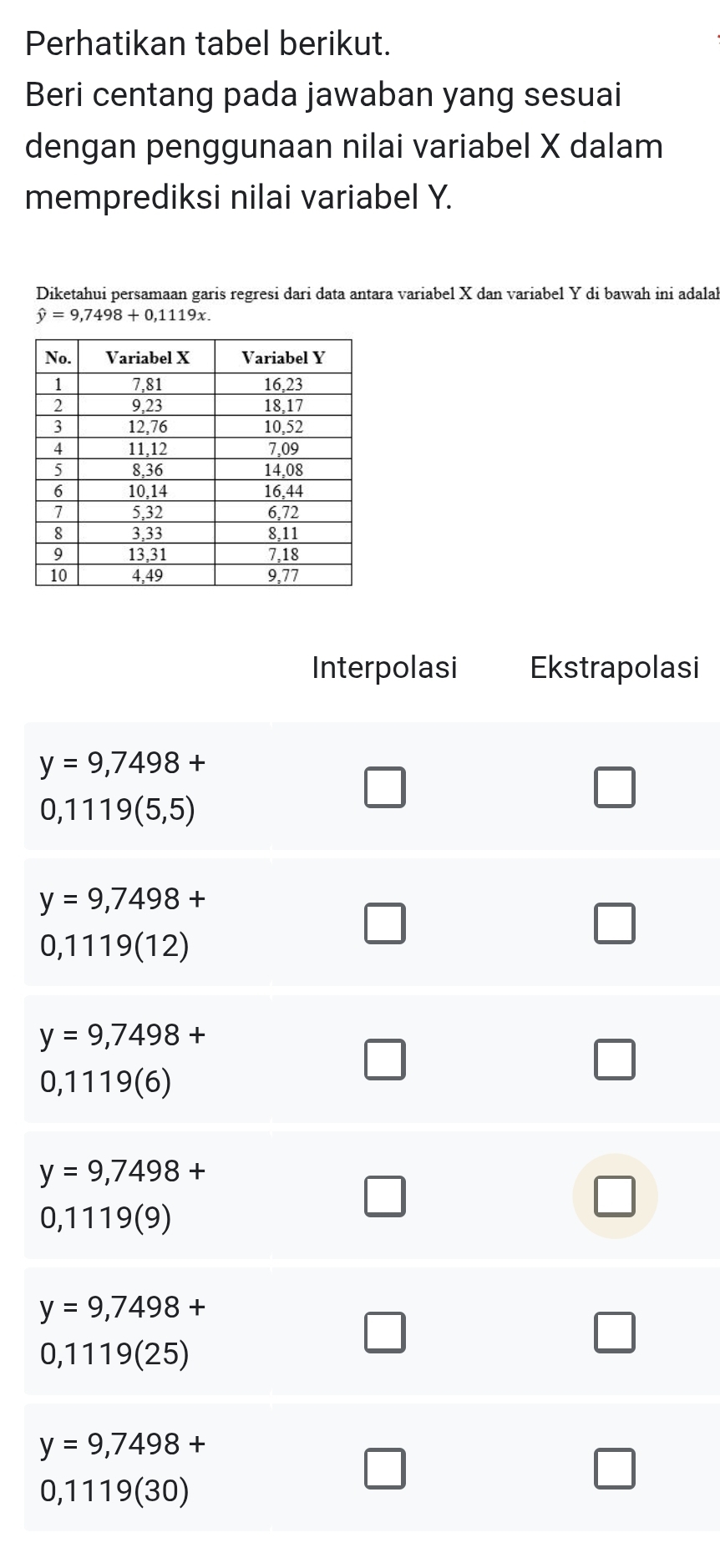 Perhatikan tabel berikut.
Beri centang pada jawaban yang sesuai
dengan penggunaan nilai variabel X dalam
memprediksi nilai variabel Y.
Diketahui persamaan garis regresi dari data antara variabel X dan variabel Y di bawah ini adalah
hat y=9,7498+0,1119x.
si