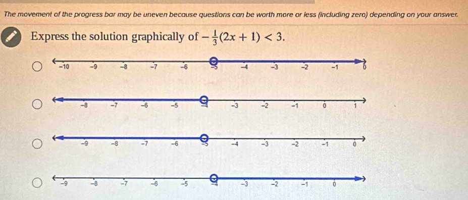 The movement of the progress bar may be uneven because questions can be worth more or less (including zero) depending on your answer. 
Express the solution graphically of - 1/3 (2x+1)<3</tex>.