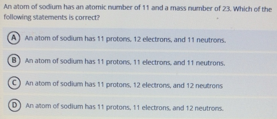 Solved: An atom of sodium has an atomic number of 11 and a mass number ...