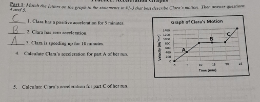 and 5. Part 1: Match the letters on the graph to the statements in #1-3 that best describe Clara's motion. Then answer questions 
_1. Clara has a positive acceleration for 5 minutes. Graph of Clara's Motion 
_2. Clara has zero acceleration. 1400
C
1200 1000 B 
3. Clara is speeding up for 10 minutes. 5 DC 
_4. Calculate Clara's acceleration for part A of her run. : 800 A
400
200
。 
。 5 10 15 10 25
Time (min) 
5. Calculate Clara’s acceleration for part C of her run