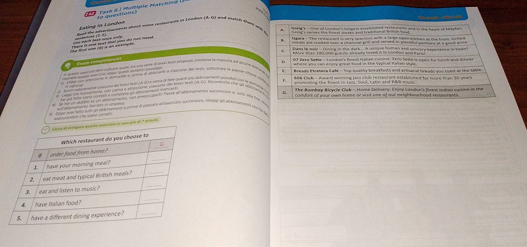 Task 6 | Multiple Matching 

to questions) 
Eating in London 
he te i one text that you do not need. 
Exam competences 
In questo esercizio devi indicare quale, tra una serie di brevi testi proposti, contiene la risposta ad alcune doma 
in ognuna. 
2) Scorri velocemente ciascuno dei brevi testi (A-G) e cerca di fare quanti più abbinamenti possibili con le doman 
3) Leggi ora nuovamente, con calma e attenzione, ciascuno dei brevi testi (A-G). Ricontrolla che gli abbinam 
hai già fatto síano corretti e completa gli abbinamenti mancanti 
4) Se hai un dubbio su un abbinamento, non preoccuparti! Passa all'abbinamento successivo e, solo alla fine, 
sull abbinamento lasciato in sospeso. 
s) Dopo aver fatto tutti gli abbinamenti e prima di passare all'esercizio successivo, rileggi glí abbinamenti che hai d 
assícurandoti che siano corretti. 
minuti.