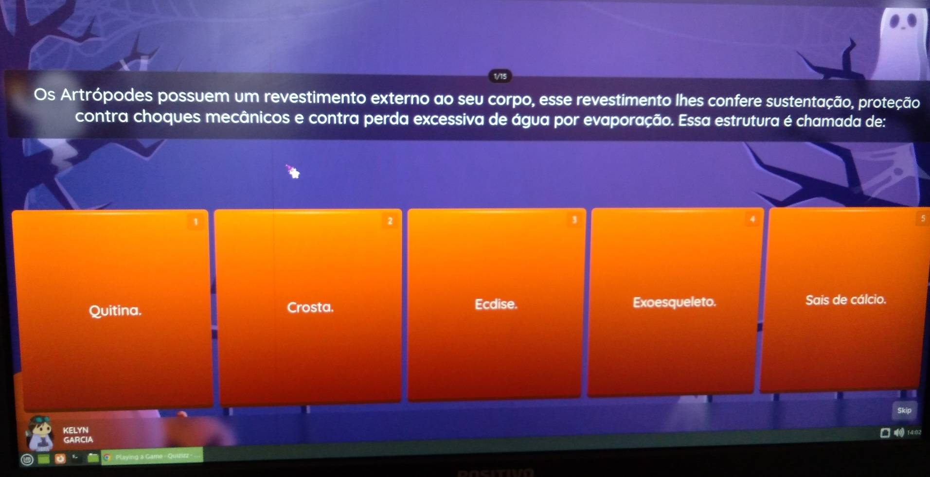 Os Artrópodes possuem um revestimento externo ao seu corpo, esse revestimento lhes confere sustentação, proteção
contra choques mecânicos e contra perda excessiva de água por evaporação. Essa estrutura é chamada de:
2
3
Quitina. Crosta.
Ecdise. Exoesqueleto. Sais de cálcio.
I
KELYN
GARCIA