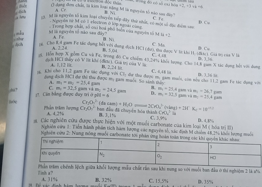 có ở electron độc thân Il, lrong đó có số oxi hóa +2,+3 vi+6
dịch A. Cr.
Biết Ở đạng đơn chất, là kim loại nặng M là nguyên tố nào sau đây? C. Fe.
B. Ni.
a lưu 13. M là nguyên tố kim loại chuyển tiếp dãy thứ nhất, có một số đặc điểm sau: D. Cu.
Nguyên tử M có 1 electron ở lớp ngoài cùng
- Trong hợp chất, số oxi hoá phố biển của nguyên tố Mla +2.
mẫu M là nguyễn tố nào sau đây?
nhu A. Fe.
B. Ni.
C. Mn.
A. 2,24, D. Cu.
dịch 14. Cho 8,4 gam Fe tác dụng hết với dung dịch HCl (dư), thu được V lít khi H_2 (đktc). Giá trị của V là
B. 5,04. C. 4,48. D. 3,36.
15. Hỗn hợp X gồm Cu và Fe, trong đó Cu chiếm 43,24% khối lượng. Cho 14,8 gam X tác dụng hết với dung
dịch HCl thấy có V lít khí (đktc). Giá trị của V là:
A. 1,12 lít.
B. 2,24 lit. C. 4,48 lit. D. 3,36 lit
16. Khi cho 11,2 gam Fe tác dụng với CI_2 dư thu được m_1 gam muối, còn nếu cho 11,2 gam Fe tác dụng với
dung dịch HCl dư thì thu được m_2 gam muối. So sánh thấy:
A. m_1=m_2=25,4 gam
phú? C. m_1=32,5 ga || 1 và m_2=24,5gam B. m_1=25,4 gam và m_2=26.7gam
D.
17. Cân bằng được duy trì ở pH=6 m_1=32,5 gam và m_2=25.4gam
đước
Phần trăm lượng Cr_2O_7^((2-) Cr_2)O_7^((2-)(dacam)+H_2)Oleftharpoons 2CrO_4^((2-)(vang)+2H^+)K_c=10^(-15.2) ban đầu đã chuyền hóa thành CrO_4^(2-) là
A. 4,2%
B. 3,1% C. 3,9% D. 4,8%
Các nghiên cứu được thực hiện với một muối carbonate của kim loại M ( hóa trị II)
Nghiên cứu 1: Tiến hành phân tích hàm lượng các nguyên tố, xác định M chiếm 48,2% khối lượng muối
Nghiên cứu 2: Nung nóng muối carbonate 
u khi nung so với muối ban đầu ở thí nghiệm 2 là a%.
Tinh a?
A. 31% B. 32% C. 15,5% D. 35%
19   Để  xác định hàm lượng muối  F