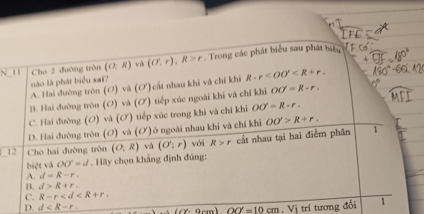 N_
1
_
D. d . Vị trí tương đối
(O'· 9cm)OO'=10cm