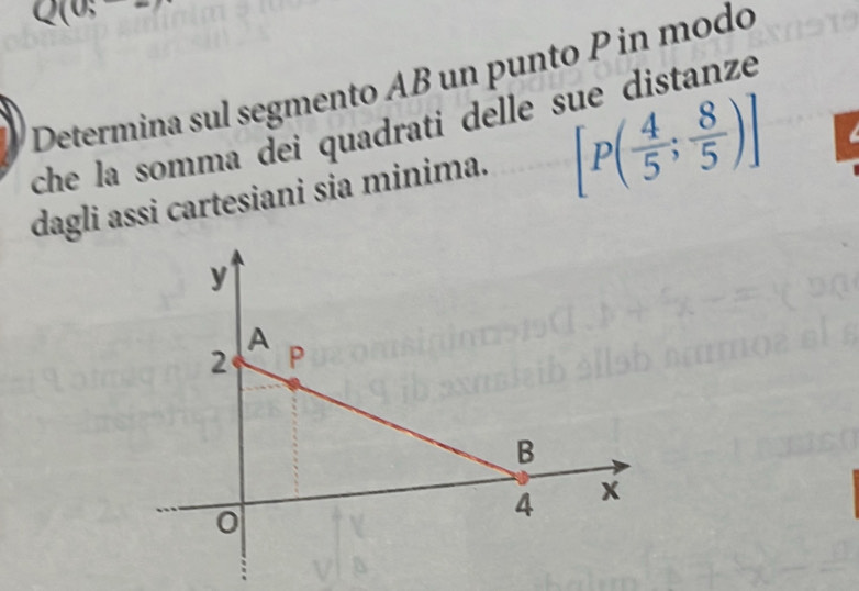 Q(0;-
Determina sul segmento AB un punto P in modo 
che la somma dei quadrati delle sue distanze 
dagli assi cartesiani sia minima. [P( 4/5 ; 8/5 )]