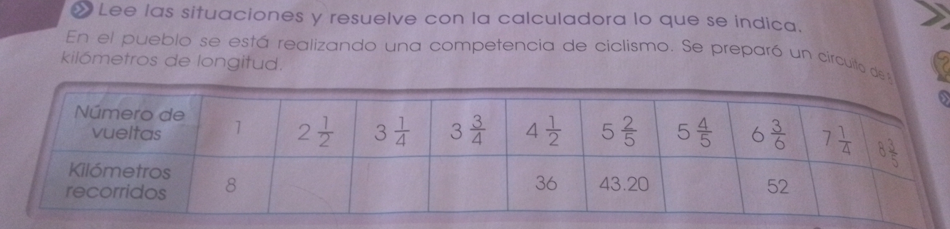 》 Lee las situaciones y resuelve con la calculadora lo que se indica.
En el pueblo se está realizando una competencia de ciclismo. Se preparó un circuito de
kilómetros de longitud.