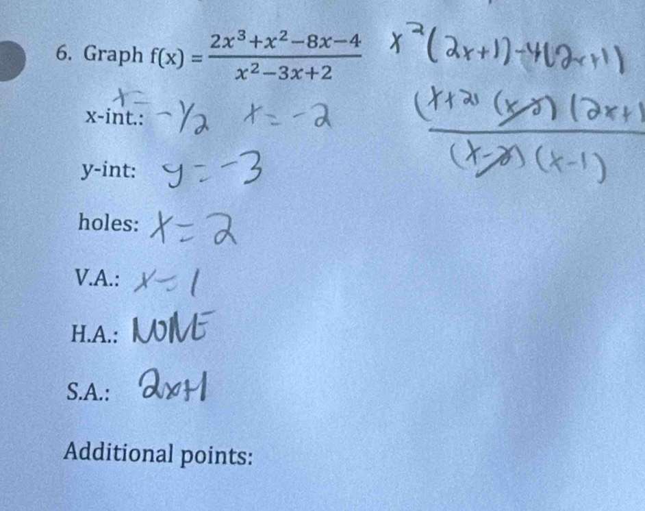 Graph f(x)= (2x^3+x^2-8x-4)/x^2-3x+2 
x -int.:
y -int: 
holes: 
V.A.: 
H.A.: 
S.A.: 
Additional points: