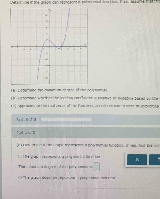 Determine if the graph can represent a polynomial function. If so, assume that the
(a) Determine the minimum degree of the polynomial.
(b) Determine whether the leading coefficient is positive or negative based on the
(c) Approximate the real zeros of the function, and determine if their multiplicities
Part: 0 / 3
Part 1 of 3
(a) Determine if the graph represents a polynomial function. If yes, find the min
The graph represents a polynomial function.
as
The minimum degree of the polynomial is □ .
The graph does not represent a polynomial function.