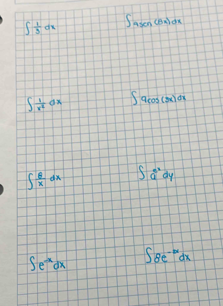 ∈t  1/3 dx
∈t 45cn(Bx)dx
∈t  1/x^2 dx
∈t 9cos (3x)dx
∈t  8/x dx
∈t a^(e^x)dy
∈t e^(-x)dx
∈t 8e^(-2x)dx