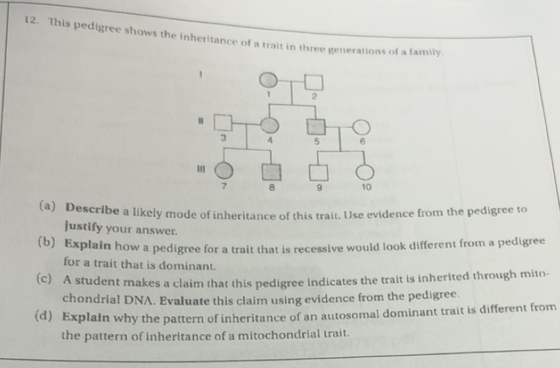Solved: This pedigree shows the inheritance of a trait in three ...