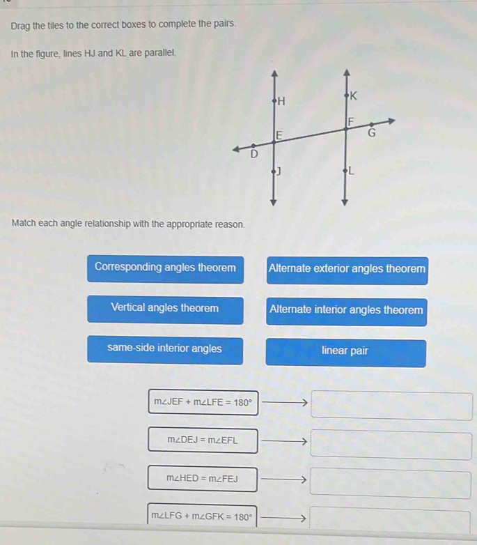 Drag the tiles to the correct boxes to complete the pairs.
In the figure, lines HJ and KL are parallel.
Match each angle relationship with the appropriate reason.
Corresponding angles theorem Alternate exterior angles theorem
Vertical angles theorem Alternate interior angles theorem
same-side interior angles linear pair
m∠ JEF+m∠ LFE=180°
m∠ DEJ=m∠ EFL
m∠ HED=m∠ FEJ
m∠ LFG+m∠ GFK=180°