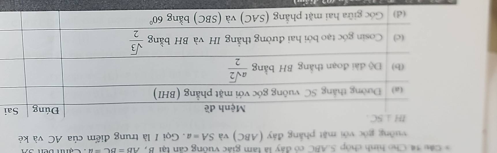 Cho hình chóp 5.ABC có đây là tam giác vuông cần tại B, AB=BC=a :  Cạnh bên SA
vuỡng góc với mặt phẳng đáy (ABC) và SA=a Gọi I là trung điểm của AC và kẻ
i