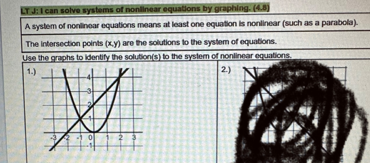 LT J: I can solve systems of nonlinear equations by graphing. (4.8) 
A system of nonlinear equations means at least one equation is nonlinear (such as a parabola). 
The intersection points (x,y) are the solutions to the system of equations. 
Use the graphs to identify the solution(s) to the system of nonlinear equations. 
1.2.)