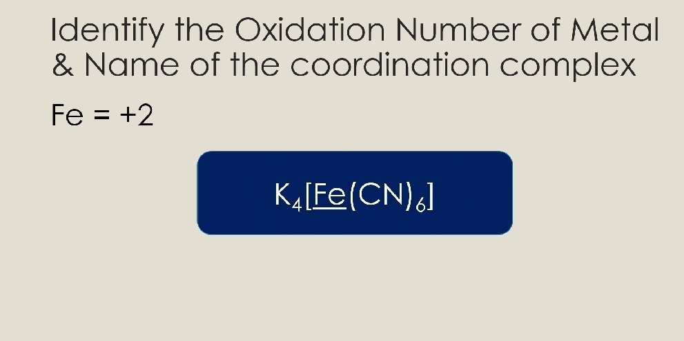 Identify the Oxidation Number of Metal 
& Name of the coordination complex
Fe=+2
K_4 [_ Fe(CN)_6]