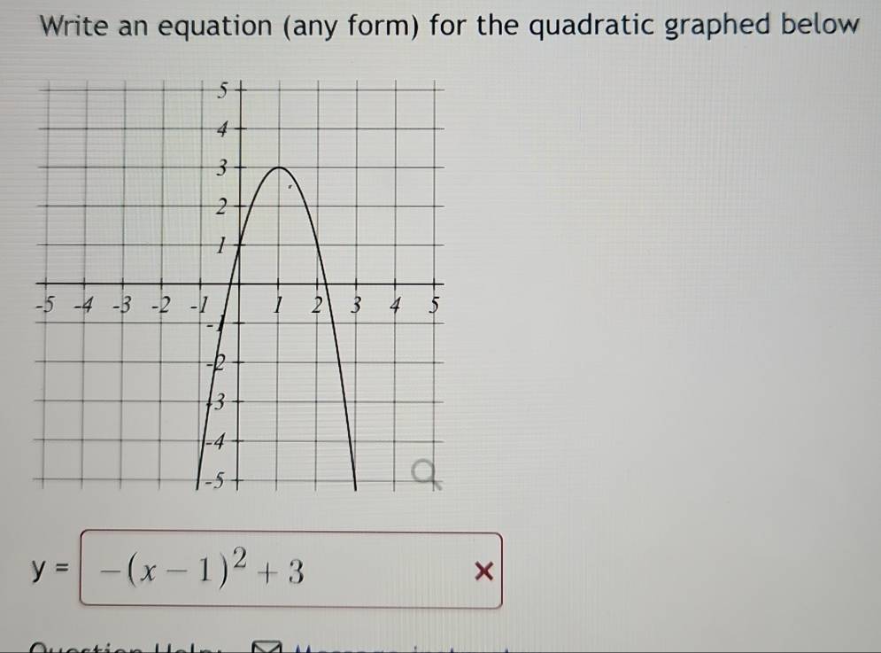 Solved: Write an equation (any form) for the quadratic graphed below 5 ...