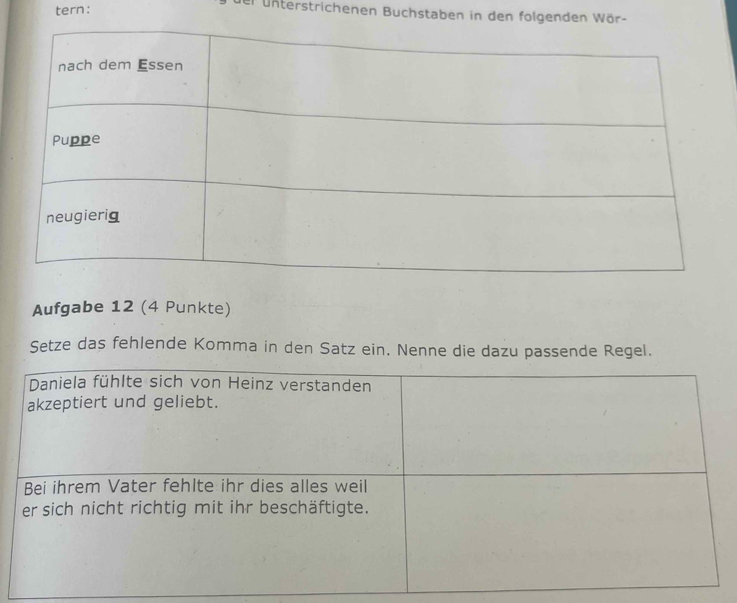 tern: 
1 unterstrichenen Buchstaben in den folgenden Wör- 
Aufgabe 12 (4 Punkte) 
Setze das fehlende Komma in den Satz ein. Nenne die dazu passende Regel.