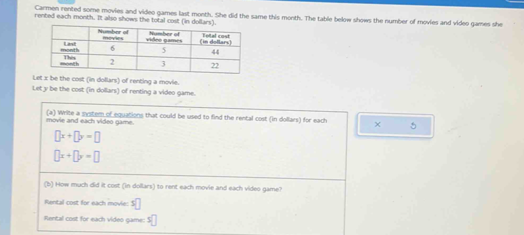 Carmen rented some movies and video games last month. She did the same this month. The table below shows the number of movies and video games she
rented each month. It also shows the total cost (in dollars).
Let x be the cost (in dollars) of renting a movie.
Let y be the cost (in dollars) of renting a video game.
(a) Write a system of equations that could be used to find the rental cost (in dollars) for each
movie and each video game.
5
□ x+□ y=□
□ x+□ y=□
(b) How much did it cost (in dollars) to rent each movie and each video game?
Rental cost for each movie: $
Rental cost for each video game: $