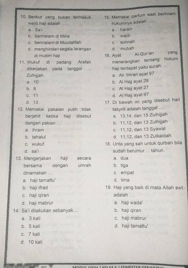 Berikut yang bukan termasuk 15. Memakai parfum saat berihram
wajib haji adalah ....
hukumnya adalah ....
a. Sa'i a. haram
b. bermalam di Mina b. wajib
c. bermalam di Muzdalifah c. sunnah
d. menghindari segala larangan d. mubah
di musim haji 16. Ayat Al-Qur'an yang
11. Wukuf di padang Arafah menerangkan tentang hukum
dikerjakan pada tanggal ,.. haji terdapat yaitu surah ....
Zulhijjah. a. Ali ‘Imran ayat 97
a. 10 b. Al Hajj ayat 29
b. 9 c. Al Hajj ayat 27
c. 11 d. Al Hajj ayat 97
d. 13 17. Di bawah ini yang disebut hari
12. Memakai pakaian putih tidak tasyrik adalah tanggal ....
berjahit ketika haji disebut a. 13,14, dan 15 Zulhijjah
dengan pakian ... b. 11,12, dan 13 Zulhijjah
a. ihram c. 11,12, dan 13 Syawal
b. tahalul d. 11,12, dan 13 Zulkaidah
c. wukuf 18. Unta yang sah untuk qurban bila
d. sa'i sudah berumur ... tahun.
13. Mengerjakan haji secara a. dua
bersama dengan umrah b. tiga
dinamakan .... c. empat
a. haji tamattu' d. lima
b. haji ifrad 19. Haji yang baik di mata Allah swt.
c. haji qiran adalah ....
d. haji mabrur a. haji wada'
14. Sa'i dilakukan sebanyak.... b. haji qiran
a. 3 kali c. haji mabrur
b. 5 kali d. haji tamattu'
c. 7 kali
d. 10 kali