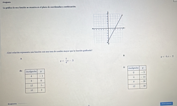 Freguola
La gráfica de una función se muestra en el plano de coordenadas a continuación.
¿Qué relación representa una función con una tasa de cambio mayor que la función graficada?
B
y=4x-2
A
y= 7/4 x-3
D
do



Re spuenta