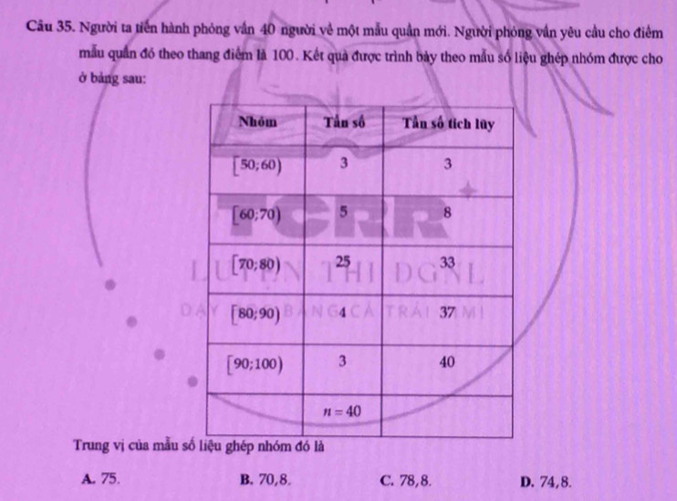 Người ta tiến hành phỏng vấn 40 người về một mẫu quần mới. Người phỏng vấn yêu cầu cho điểm
mẫu quần đó theo thang điểm là 100. Kết quả được trình bày theo mẫu số liệu ghép nhóm được cho
ở bảng sau:
Trung vị của mẫu
A. 75. B. 70,8. C. 78,8. D. 74,8.
