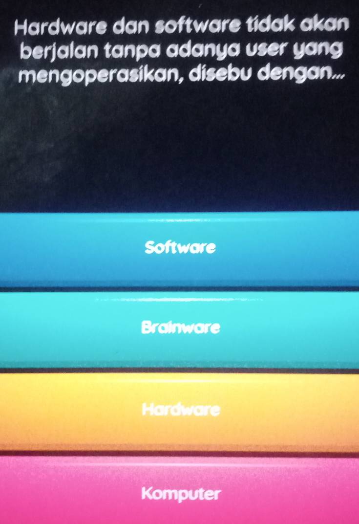 Hardware dan software tidak akan
berjalan tanpa adanya user yang
mengoperasikan, disebu dengan...
Software
Brainware
Hardware
Komputer